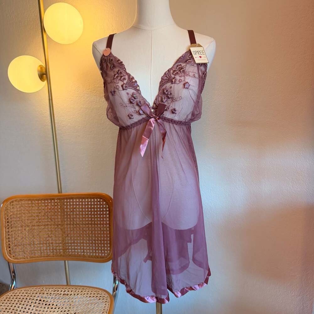 Spree Intimates Mauve Embroidered Sequined Mesh Babydoll Nightie and Thong Set S